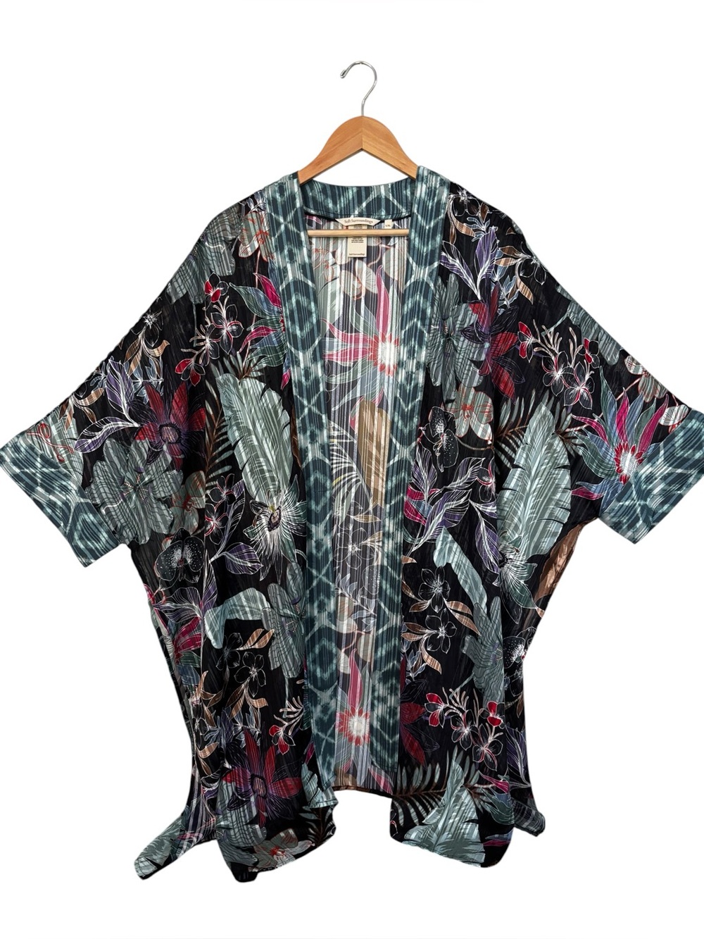 Soft Surroundings Tropical Floral Open Front Kimono Cover Up Sheer Duster L/XL